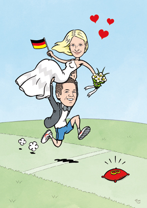 Karikatur Hochzeit Sport Sportler Ziellinie Laufen Läufer Deutschland Österreich Hochzeitspaar Hochzeitsgeschenk