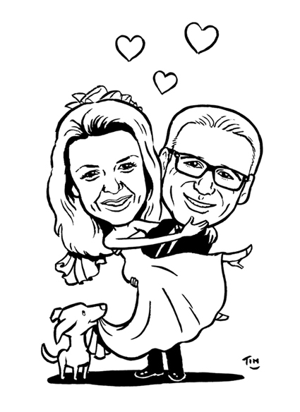 Karikatur zeichnen lassen als Hochzeitsgeschenk (Hochzeitspaar mit Hund)